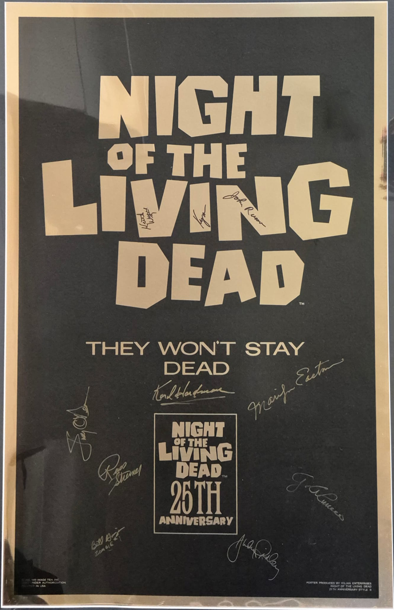 Featured image for “Rare 1993 Night of the Living Dead 25th Anniversary Gold Mylar Poster – Signed by George A. Romero and Cast & Crew”